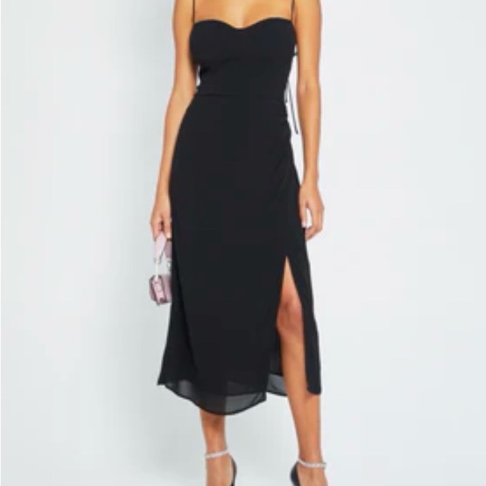 o.p.t. Strapless Black Midi Dress with Side Slit